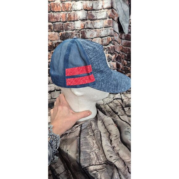 Hurley Snapback Mesh Trucker Hat 2 Stripe Denim Blue Red Baseball Cap Patch EUC - Picture 4 of 4